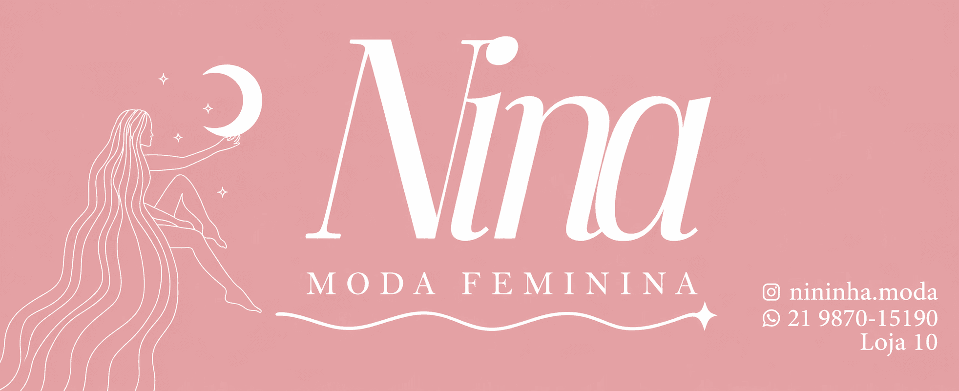 Identidade visual da Nininha Moda com ilustracao feminina, lua e estrelas